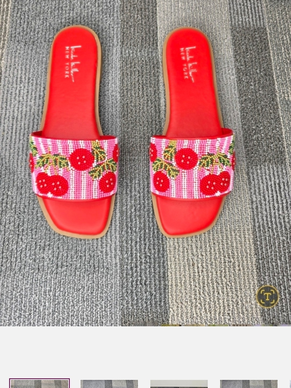 Nicole Miller Red Beaded Cherry Slide Sandals NWOT